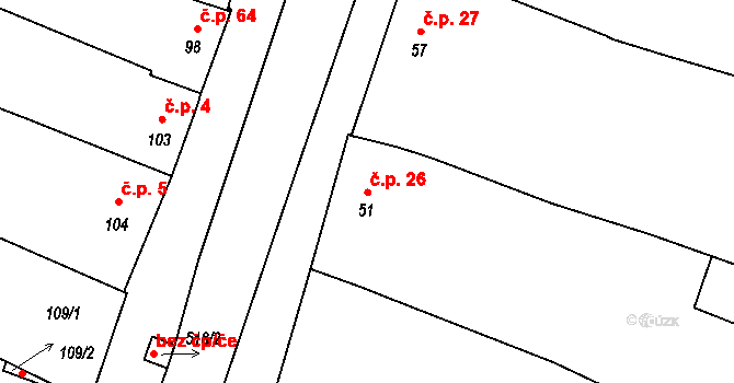 Hradčany 26, Hradčany-Kobeřice na parcele st. 51 v KÚ Hradčany u Prostějova, Katastrální mapa