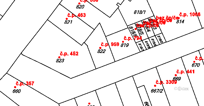 Teplice 959 na parcele st. 822 v KÚ Teplice, Katastrální mapa