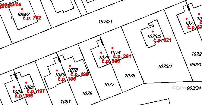 Lhotka 200, Praha na parcele st. 1076 v KÚ Lhotka, Katastrální mapa