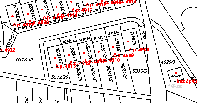 Chomutov 4910 na parcele st. 5312/23 v KÚ Chomutov I, Katastrální mapa