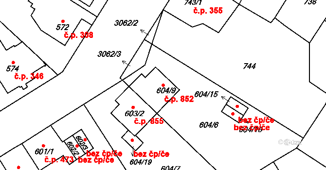 Bolevec 852, Plzeň na parcele st. 604/9 v KÚ Bolevec, Katastrální mapa