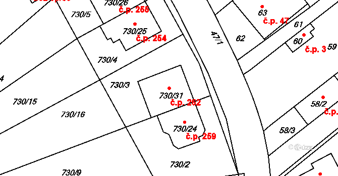 Silůvky 262 na parcele st. 730/31 v KÚ Silůvky, Katastrální mapa