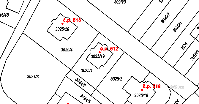 Choceňské Předměstí 512, Vysoké Mýto na parcele st. 3025/19 v KÚ Vysoké Mýto, Katastrální mapa