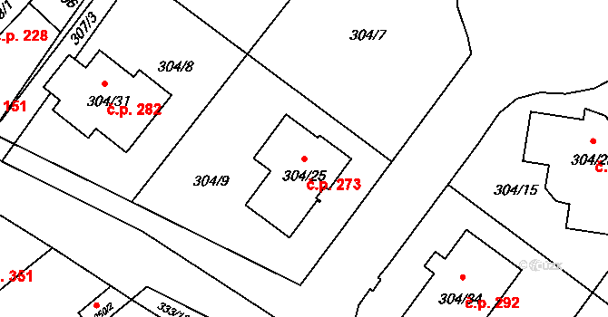 Droužkovice 273 na parcele st. 304/25 v KÚ Droužkovice, Katastrální mapa