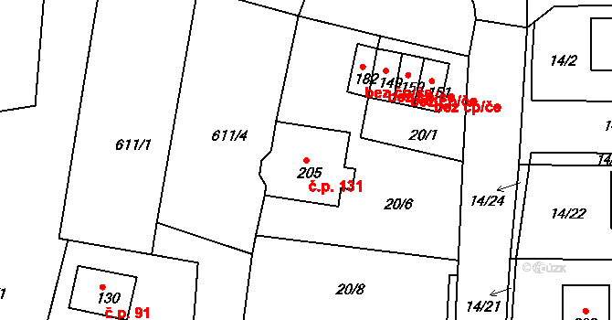 Počerny 131, Karlovy Vary na parcele st. 205 v KÚ Počerny, Katastrální mapa