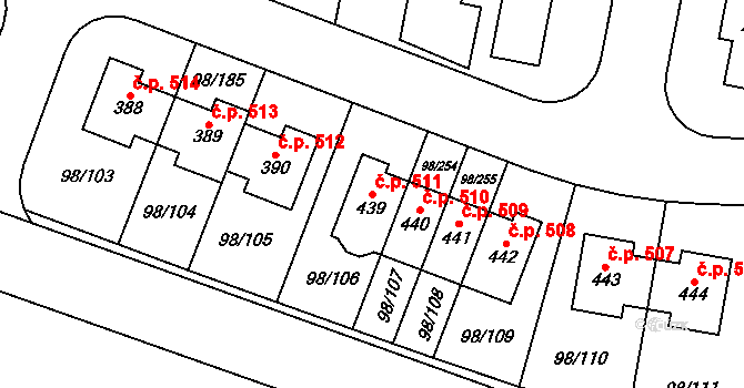 Bašť 511 na parcele st. 439 v KÚ Bašť, Katastrální mapa