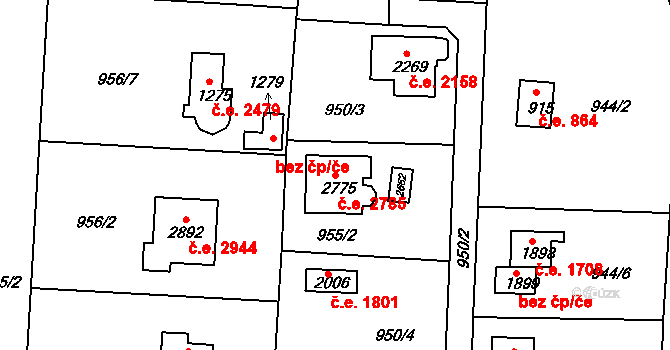 Litice 885, Plzeň na parcele st. 2775 v KÚ Valcha, Katastrální mapa