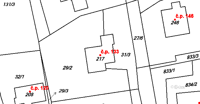 Dlouhá Lhota 133 na parcele st. 217 v KÚ Dlouhá Lhota u Dobříše, Katastrální mapa