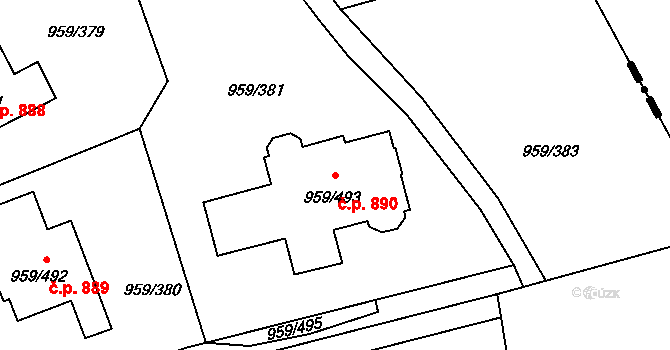 Průhonice 890 na parcele st. 959/493 v KÚ Průhonice, Katastrální mapa