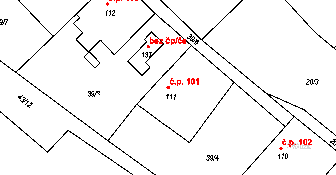 Nesvačily 101, Bystřice na parcele st. 111 v KÚ Nesvačily u Bystřice, Katastrální mapa