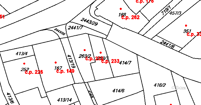 Luhačovice 233 na parcele st. 263/1 v KÚ Luhačovice, Katastrální mapa