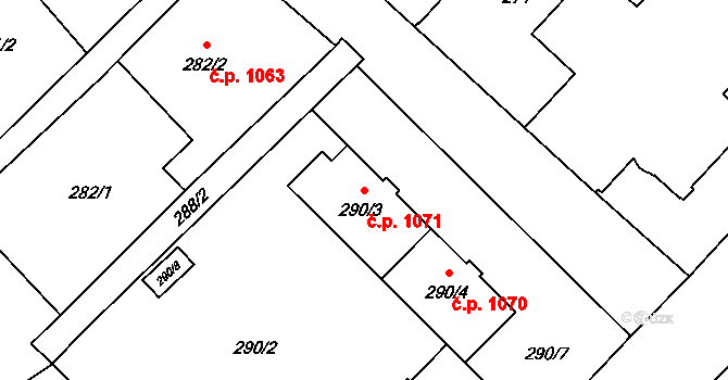 Hlučín 1071 na parcele st. 290/3 v KÚ Hlučín, Katastrální mapa