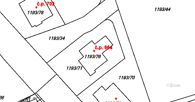 Hřebeč 664 na parcele st. 1193/76 v KÚ Hřebeč, Katastrální mapa