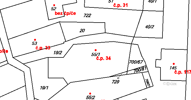 Jeníkov 34 na parcele st. 55/1 v KÚ Jeníkov u Hlinska, Katastrální mapa