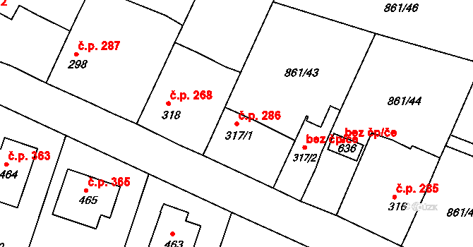 Byšice 286 na parcele st. 317/1 v KÚ Byšice, Katastrální mapa