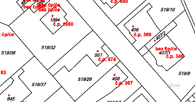 Neratovice 574 na parcele st. 561 v KÚ Neratovice, Katastrální mapa