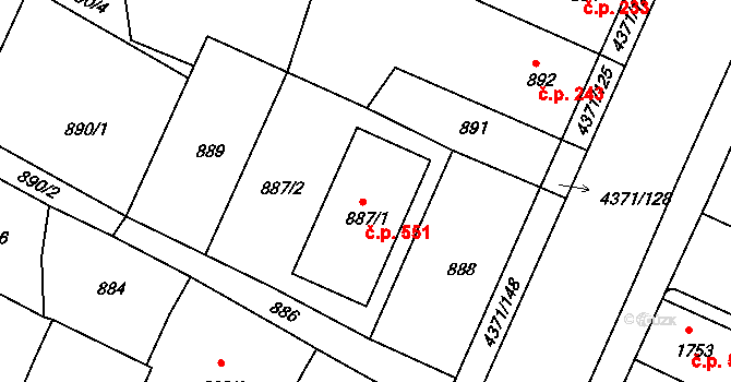 Veselí nad Lužnicí II 551, Veselí nad Lužnicí na parcele st. 887/1 v KÚ Veselí nad Lužnicí, Katastrální mapa