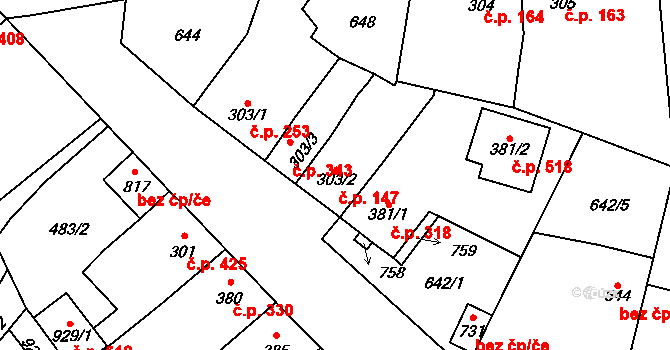 Radnice 147 na parcele st. 303/2 v KÚ Radnice u Rokycan, Katastrální mapa