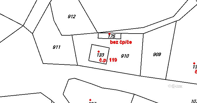 Bílý Kámen 119, Podhořany u Ronova na parcele st. 133 v KÚ Podhořany u Ronova, Katastrální mapa