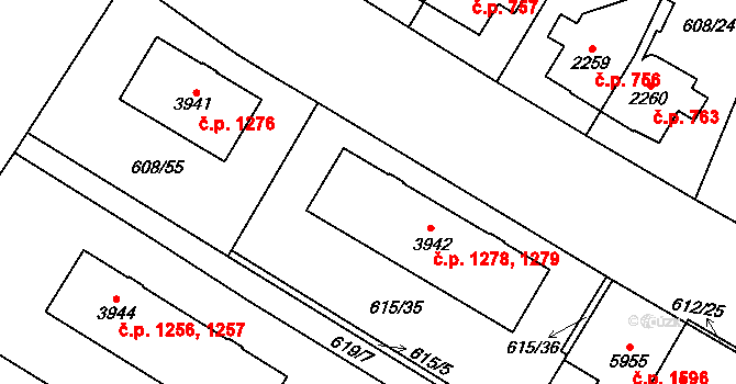 Bílé Předměstí 1278,1279, Pardubice na parcele st. 3942 v KÚ Pardubice, Katastrální mapa
