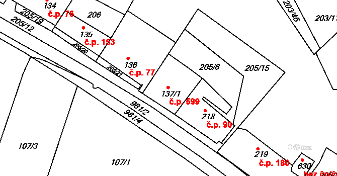 Žebrák 599 na parcele st. 137/1 v KÚ Žebrák, Katastrální mapa