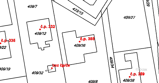 Semice 355 na parcele st. 409/36 v KÚ Semice nad Labem, Katastrální mapa