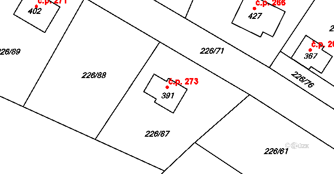 Písková Lhota 273 na parcele st. 391 v KÚ Písková Lhota, Katastrální mapa