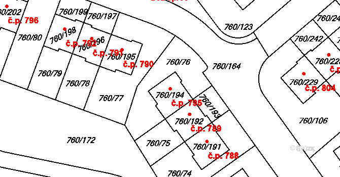 Letňany 795, Praha na parcele st. 760/194 v KÚ Letňany, Katastrální mapa