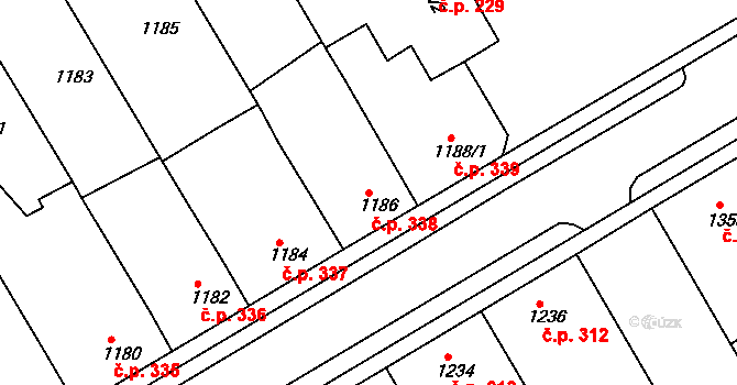 Hrušky 338 na parcele st. 1186 v KÚ Hrušky, Katastrální mapa