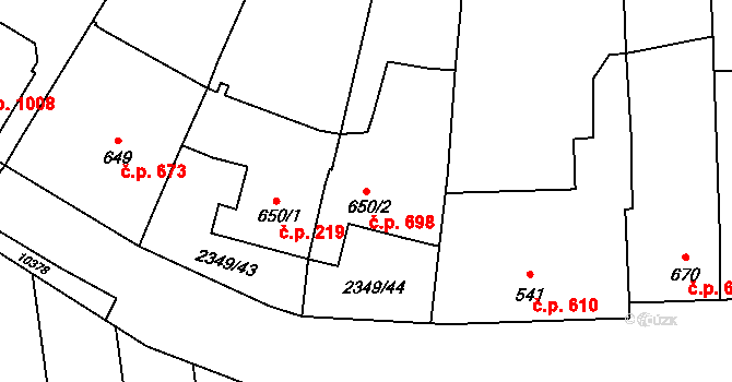 Hrušovany nad Jevišovkou 698 na parcele st. 650/2 v KÚ Hrušovany nad Jevišovkou, Katastrální mapa