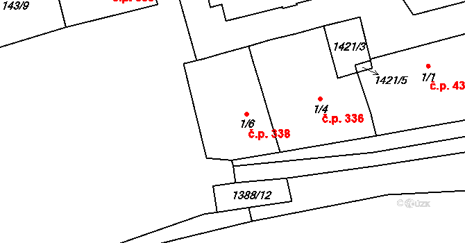 Vranov nad Dyjí 338 na parcele st. 1/6 v KÚ Vranov nad Dyjí, Katastrální mapa