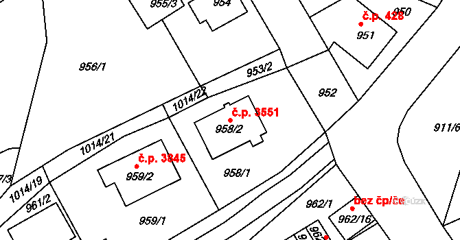 Mšeno nad Nisou 3551, Jablonec nad Nisou na parcele st. 958/2 v KÚ Mšeno nad Nisou, Katastrální mapa