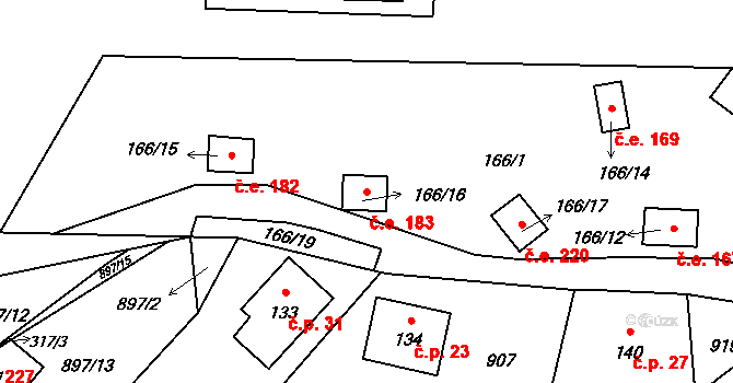 Maxov 183, Radvanec na parcele st. 166/16 v KÚ Radvanec, Katastrální mapa