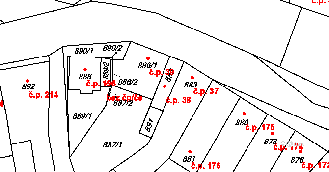 Sokolnice 38 na parcele st. 885 v KÚ Sokolnice, Katastrální mapa