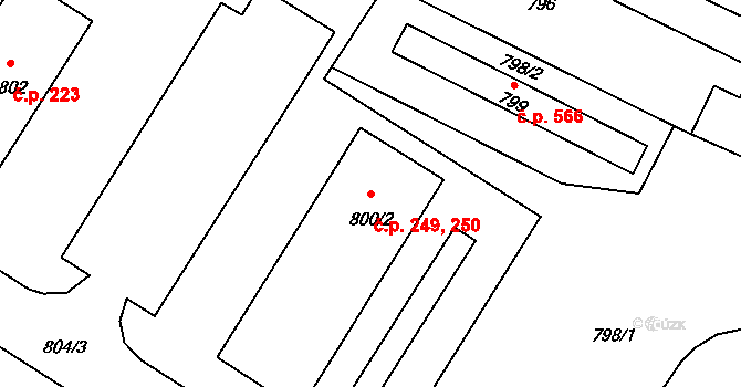 Dačice V 249,250, Dačice na parcele st. 800/2 v KÚ Dačice, Katastrální mapa