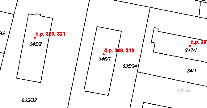 Předměřice nad Labem 318,319 na parcele st. 346/1 v KÚ Předměřice nad Labem, Katastrální mapa