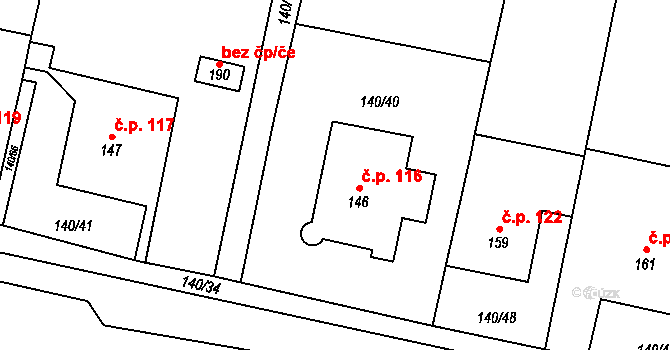 Městečko Trnávka 116 na parcele st. 146 v KÚ Městečko Trnávka, Katastrální mapa
