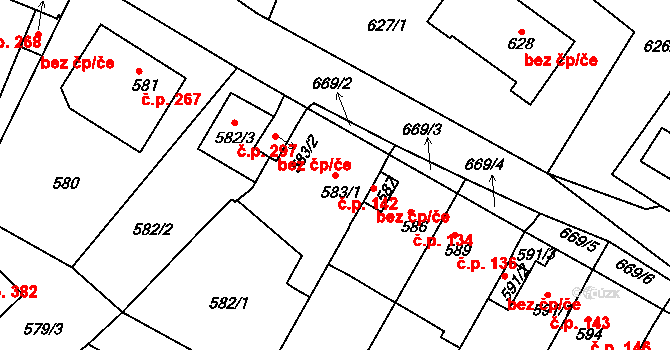 Bystřany 142 na parcele st. 583/1 v KÚ Bystřany, Katastrální mapa