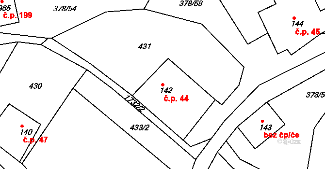 Trstěnice 44 na parcele st. 142 v KÚ Trstěnice u Litomyšle, Katastrální mapa