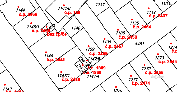Teplice 2456 na parcele st. 1139 v KÚ Teplice, Katastrální mapa