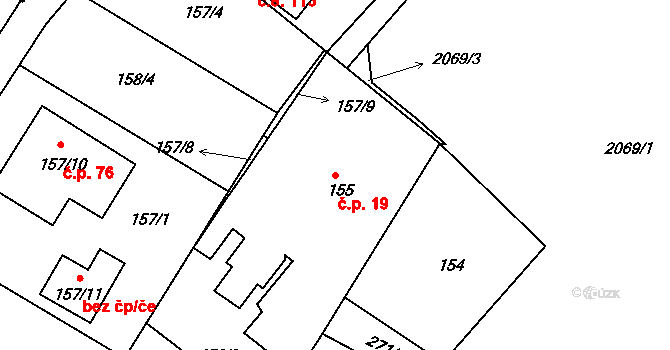 Skuhrov 19, Velký Borek na parcele st. 155 v KÚ Skuhrov u Mělníka, Katastrální mapa