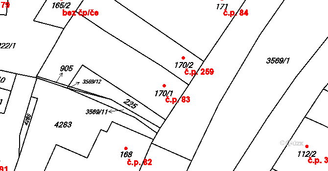 Lomnice nad Lužnicí 83 na parcele st. 170/1 v KÚ Lomnice nad Lužnicí, Katastrální mapa