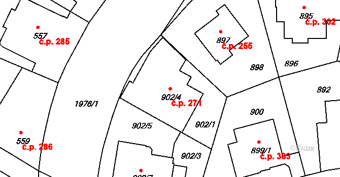 Podolí 271, Praha na parcele st. 902/4 v KÚ Podolí, Katastrální mapa