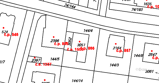 Sezimovo Ústí 866 na parcele st. 3051 v KÚ Sezimovo Ústí, Katastrální mapa