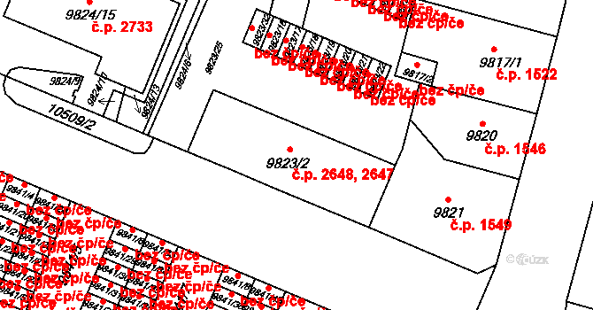 Jižní Předměstí 2647,2648, Plzeň na parcele st. 9823/2 v KÚ Plzeň, Katastrální mapa