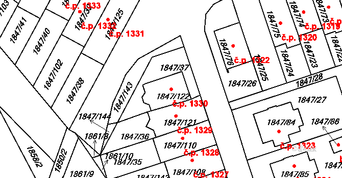 Bystřice nad Pernštejnem 1330 na parcele st. 1847/122 v KÚ Bystřice nad Pernštejnem, Katastrální mapa