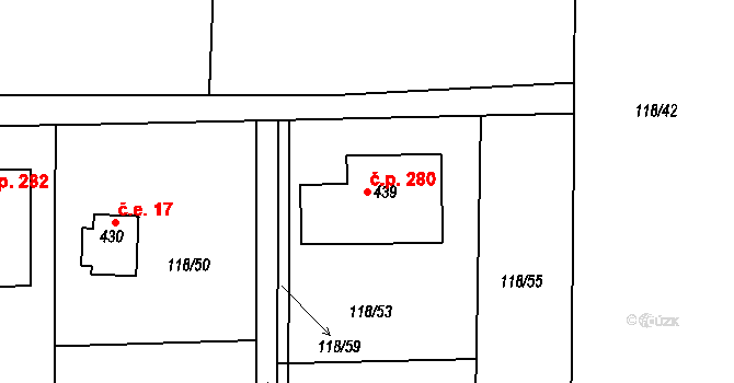 Ruda 280 na parcele st. 439 v KÚ Ruda u Nového Strašecí, Katastrální mapa