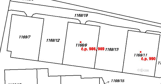 Kbely 986,989, Praha na parcele st. 1168/9 v KÚ Kbely, Katastrální mapa