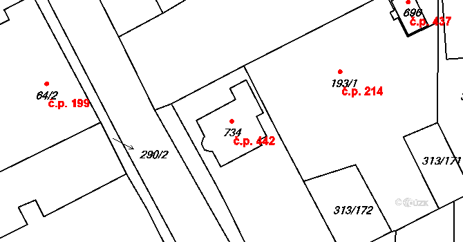 Černčice 442 na parcele st. 734 v KÚ Černčice u Loun, Katastrální mapa