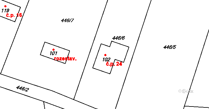 Návrší 24, Tuřany na parcele st. 102 v KÚ Tuřany u Kynšperku nad Ohří, Katastrální mapa